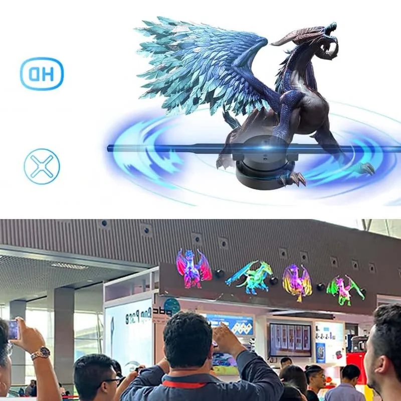 Belro 3D hologram LED fan projector displaying vibrant light patterns, designed for showcasing dynamic visuals in a sleek, modern style.