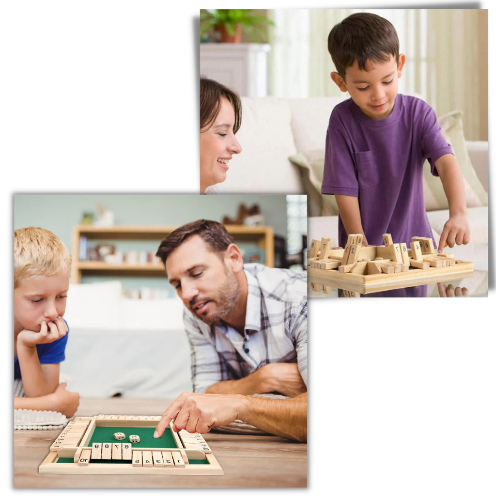 Belro wooden dice game with six natural wood dice on a neutral background, perfect for family fun and tabletop gaming.