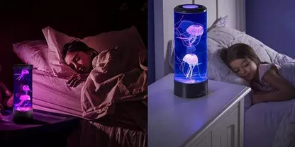 Belro Jellyfish LED Lamp and Aquarium in a home outdoor setting, featuring glowing jellyfish decorations in a clear tank.