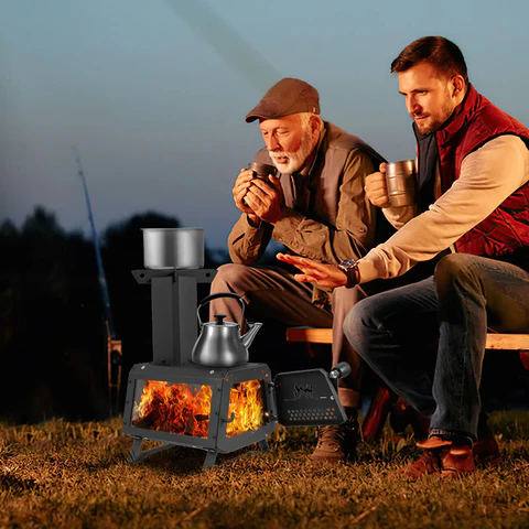 Portable Belro wood burning camping stove with a compact design and metal surface, ideal for outdoor cooking and heating.