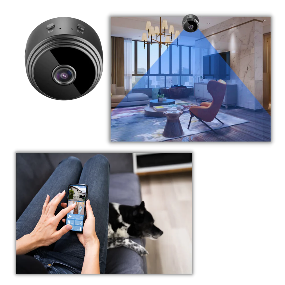 Mini wireless surveillance camera by Belro showing a compact black security camera with a lens and mounting bracket.