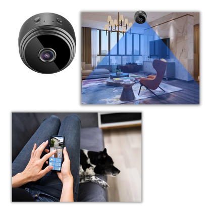Mini wireless surveillance camera by Belro showing a compact black security camera with a lens and mounting bracket.