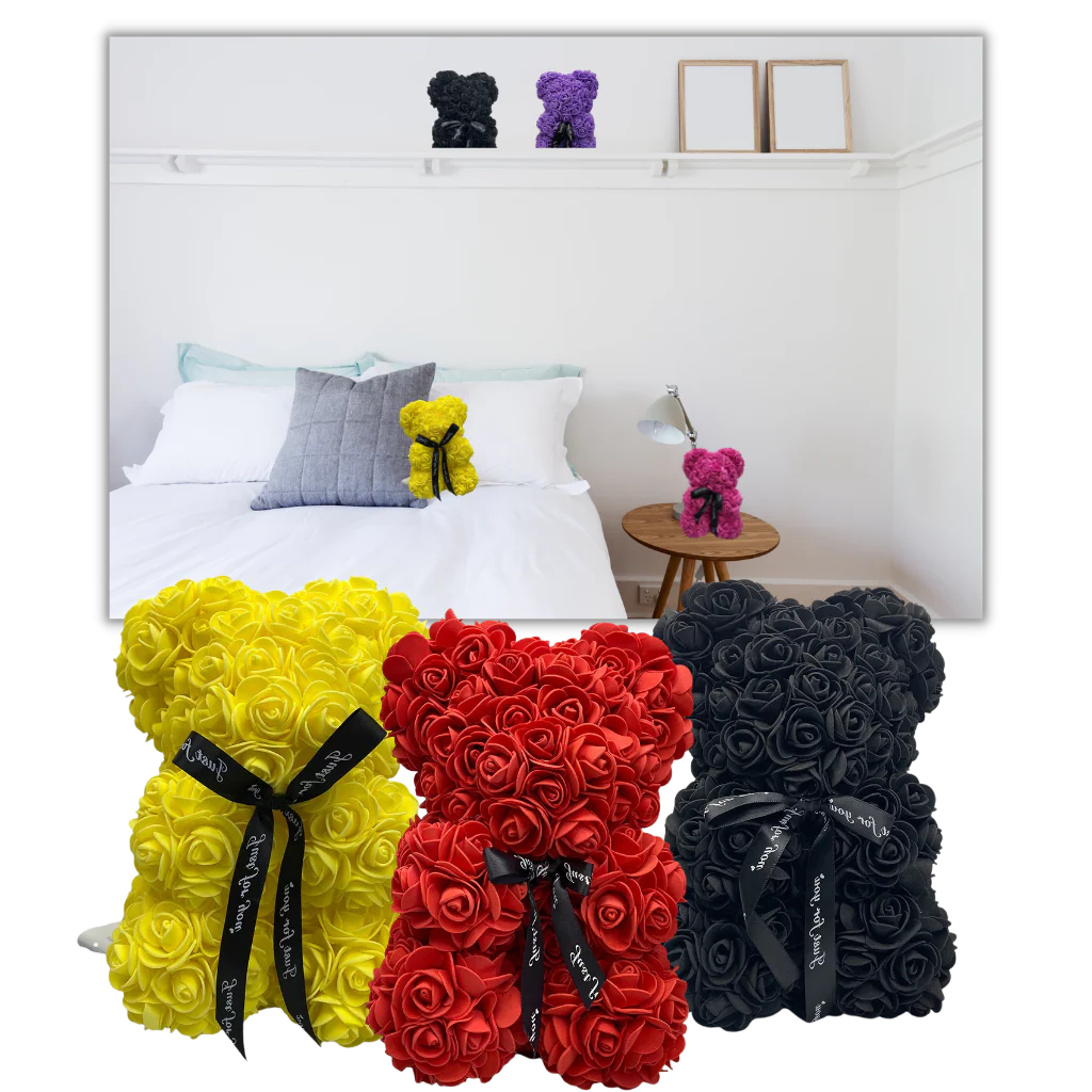 Belro Roses teddy bear wearing men's clothing, soft fabric with rose design, perfect for gifting or stylish comfort.