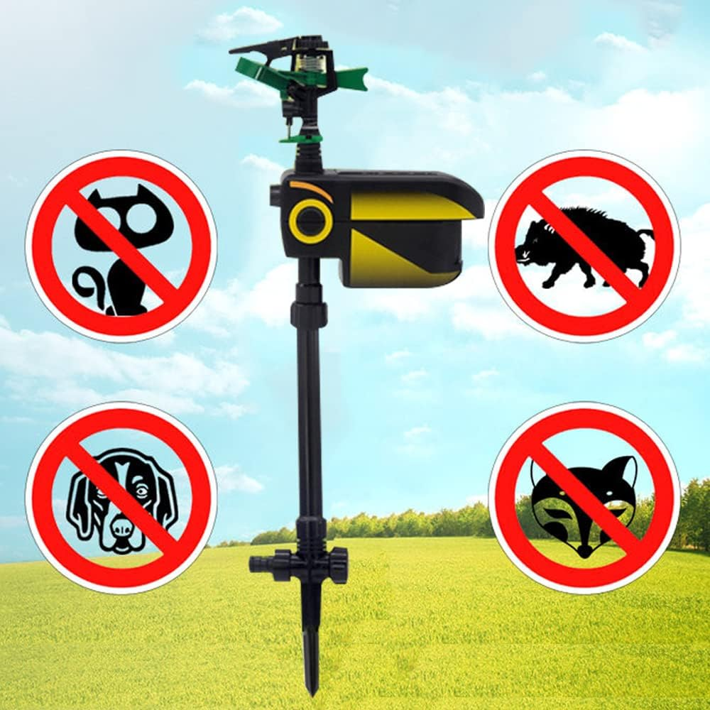 Belro motion-activated animal repellent sprinkler in outdoor garden, detecting movement to scare away pests with water spray.
