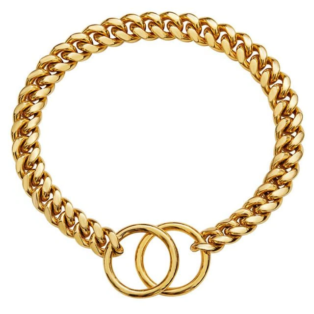 Black and gold stainless steel dog chain collar by Belro, heavy-duty pet supplies for dogs, showing the sturdy design and metallic finish.