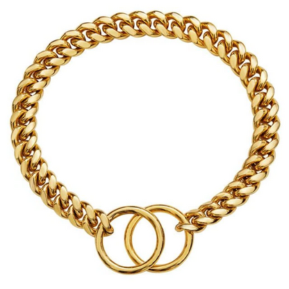 Black and gold stainless steel dog chain collar by Belro, heavy-duty pet supplies for dogs, showing the sturdy design and metallic finish.
