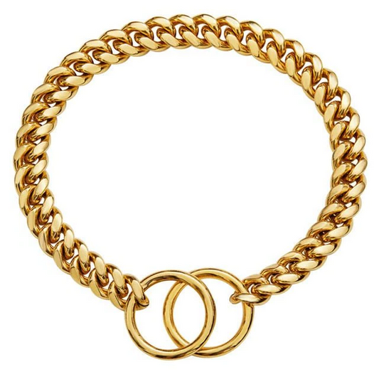 Black and gold stainless steel dog chain collar by Belro, heavy-duty pet supplies for dogs, showing the sturdy design and metallic finish.