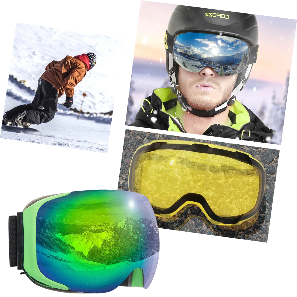 Belro snow goggles with interchangeable lens, outdoor winter gear, adjustable strap, and clear lens for snow sports.