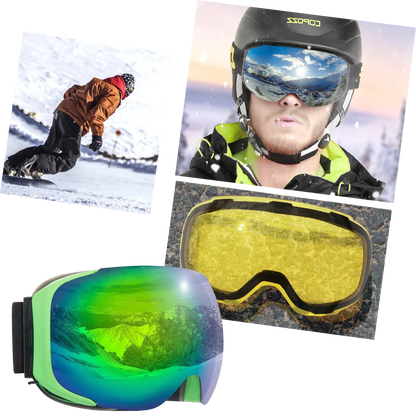 Belro snow goggles with interchangeable lens, outdoor winter gear, adjustable strap, and clear lens for snow sports.