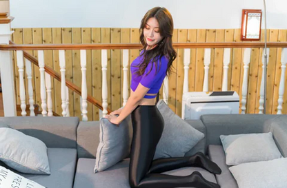 Belro glossy opaque high-waist shiny stockings with high elasticity, designed as slim-fitting leggings or pencil pants.