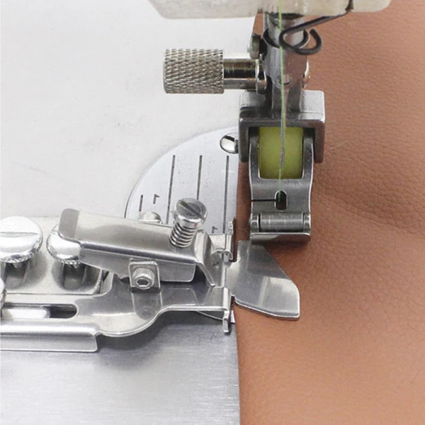 Belro sewing machine presser foot for men's clothing, shown attached to a sewing machine in a close-up view.