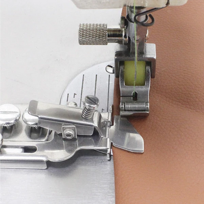 Belro sewing machine presser foot for men's clothing, shown attached to a sewing machine in a close-up view.