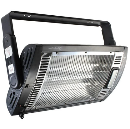 Belro outdoor electric infrared patio heater mounted on wall, designed for outdoor heating in home and garden spaces.