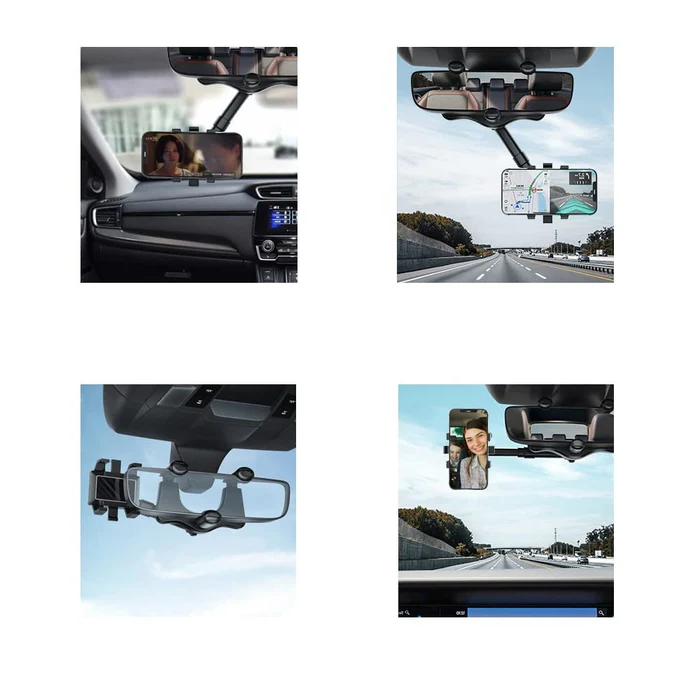 Belro rotatable and retractable car phone holder attached to rearview mirror, adjustable 360-degree view for hands-free use.