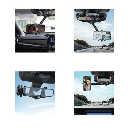 Belro rotatable and retractable car phone holder attached to rearview mirror, adjustable 360-degree view for hands-free use.