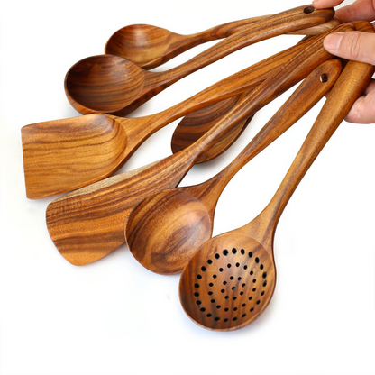 Set of Belro natural teak wood kitchen utensils including eco-friendly spoons for everyday cooking and dining use.