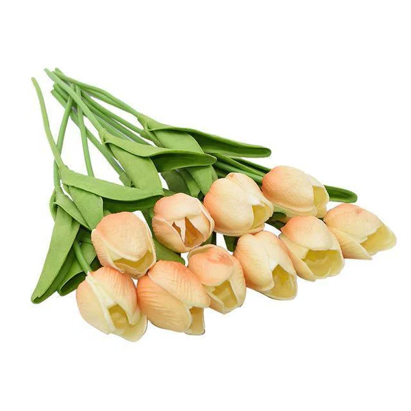 Artificial tulips flowers in vibrant colors, arranged in a bundle, perfect for home decor or craft projects.