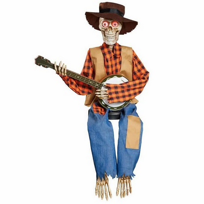 Funny animated dueling banjo skeletons graphic on men's clothing by Belro, featuring playful skeletons with banjos.