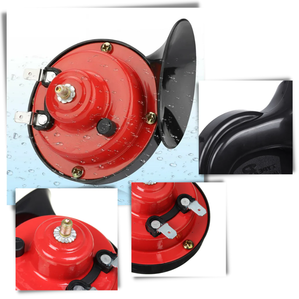 Belro powerful truck horn for cars, electronic vehicle audio device with a red and black wiring harness and metal horn component.