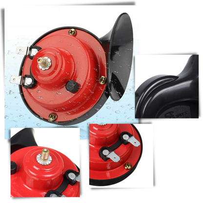 Belro powerful truck horn for cars, electronic vehicle audio device with a red and black wiring harness and metal horn component.