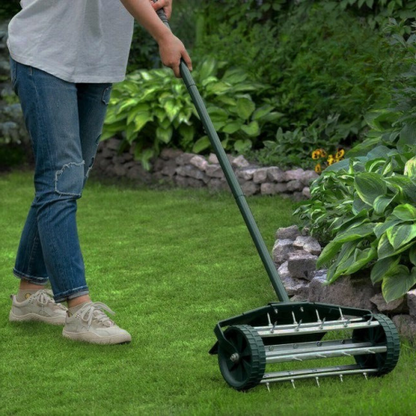 Belro heavy duty manual lawn spike soil aerator for men, featuring sturdy metal spikes and ergonomic handle for garden aeration.