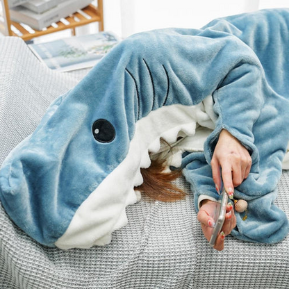 Belro Shark fleece hooded blanket with shark design, cozy and soft hooded sweatshirt-style clothing for warmth and comfort.