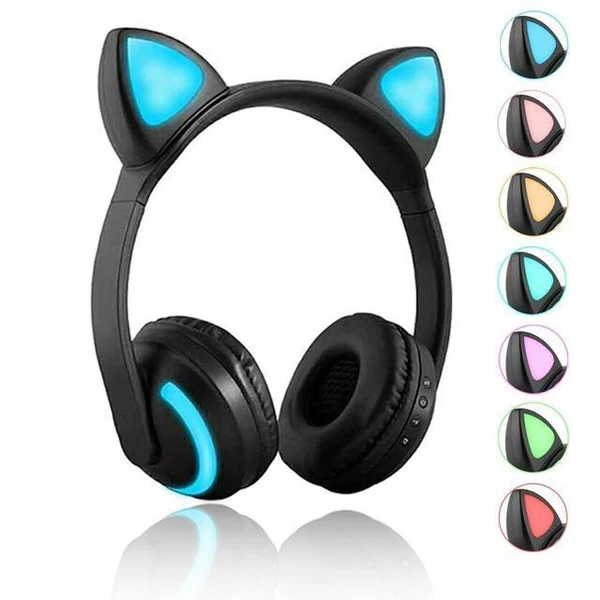 Belro Cat Glowing Bluetooth headphones with colorful LED lights, wireless audio device, designed for comfortable listening.