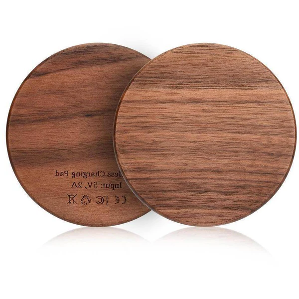 Belro fast charging wireless charger in wood finish, sleek electronic device for quick smartphone charging on a desk or bedside table.