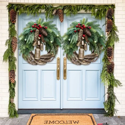 Boho farmhouse Christmas wreath with greenery and holiday accents, decorative home and garden decor by Belro.