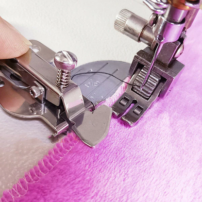 Belro sewing machine presser foot for men's clothing, shown attached to a sewing machine for professional garment sewing.