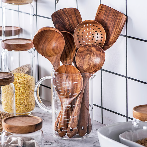 Belro natural teak wood kitchen utensils set including eco-friendly non-toxic cooking spoons for home use