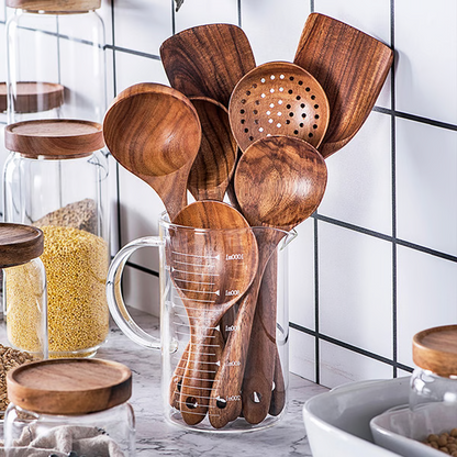 Belro natural teak wood kitchen utensils set including eco-friendly non-toxic cooking spoons for home use