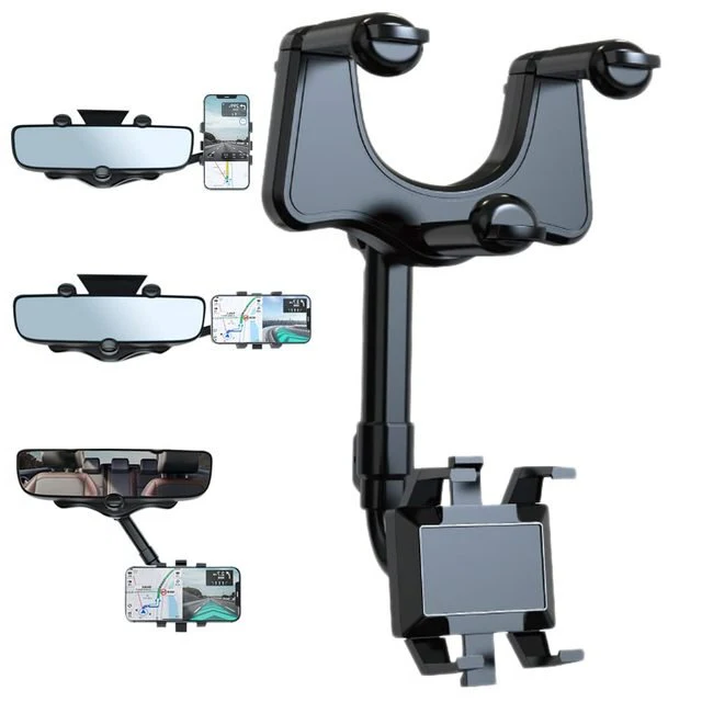 Belro rotatable and retractable car phone holder attached to rear view mirror, featuring 360-degree rotation for secure phone mounting.
