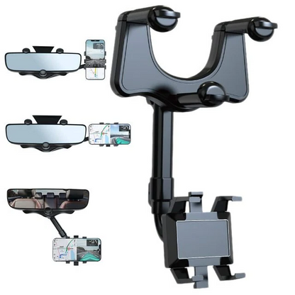 Belro rotatable and retractable car phone holder attached to rear view mirror, featuring 360-degree rotation for secure phone mounting.