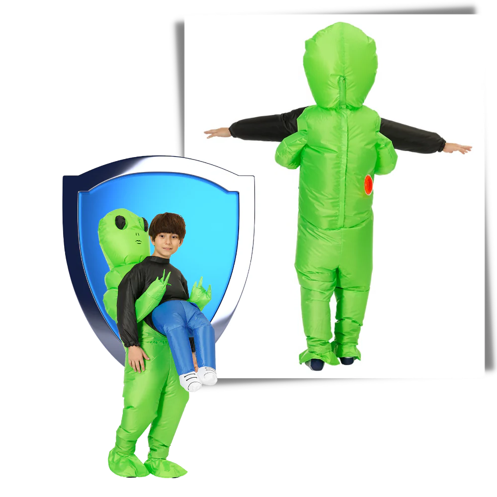 Belro inflatable alien costume featuring a green alien figure with a clear helmet and space-themed design for costumes and dress-up.