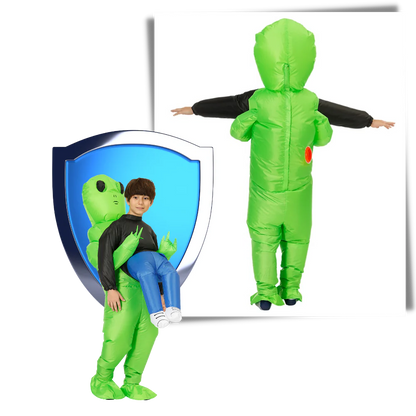 Belro inflatable alien costume featuring a green alien figure with a clear helmet and space-themed design for costumes and dress-up.