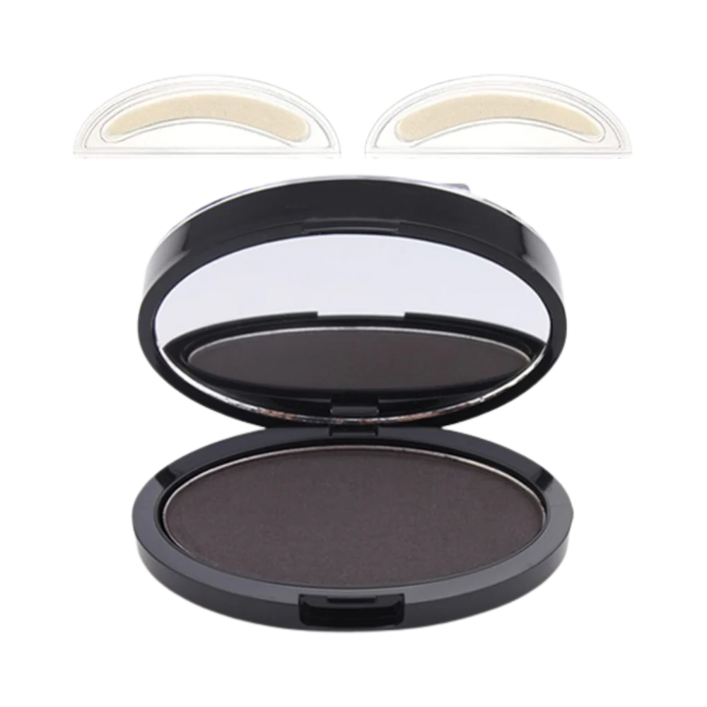 Belro Sleek All-day Eyebrow Stamp showing the compact with stamped eyebrow pattern and application sponge for easy makeup.