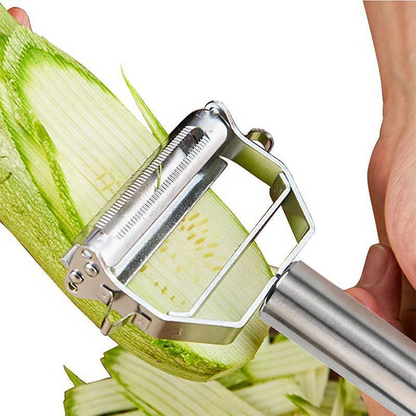 Belro dual-blade peeler for slicing vegetables, featuring ergonomic handle and sharp stainless steel blades for efficient kitchen use