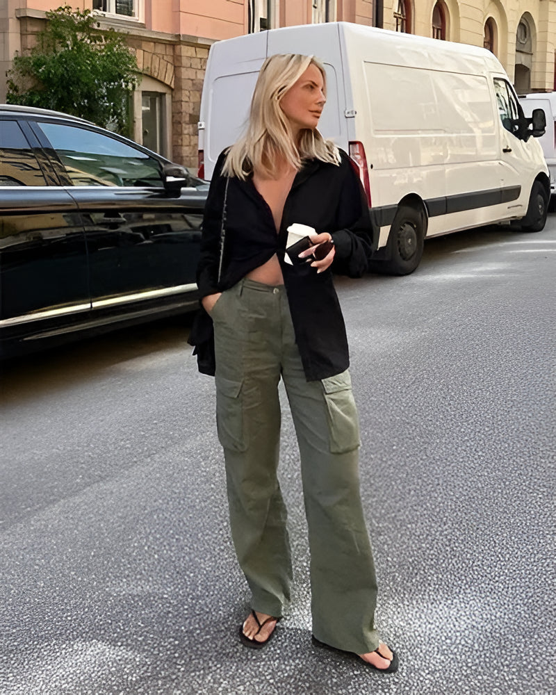 Belro adjustable straight fit cargo pants shown on a model, featuring multiple pockets and a casual, versatile design.