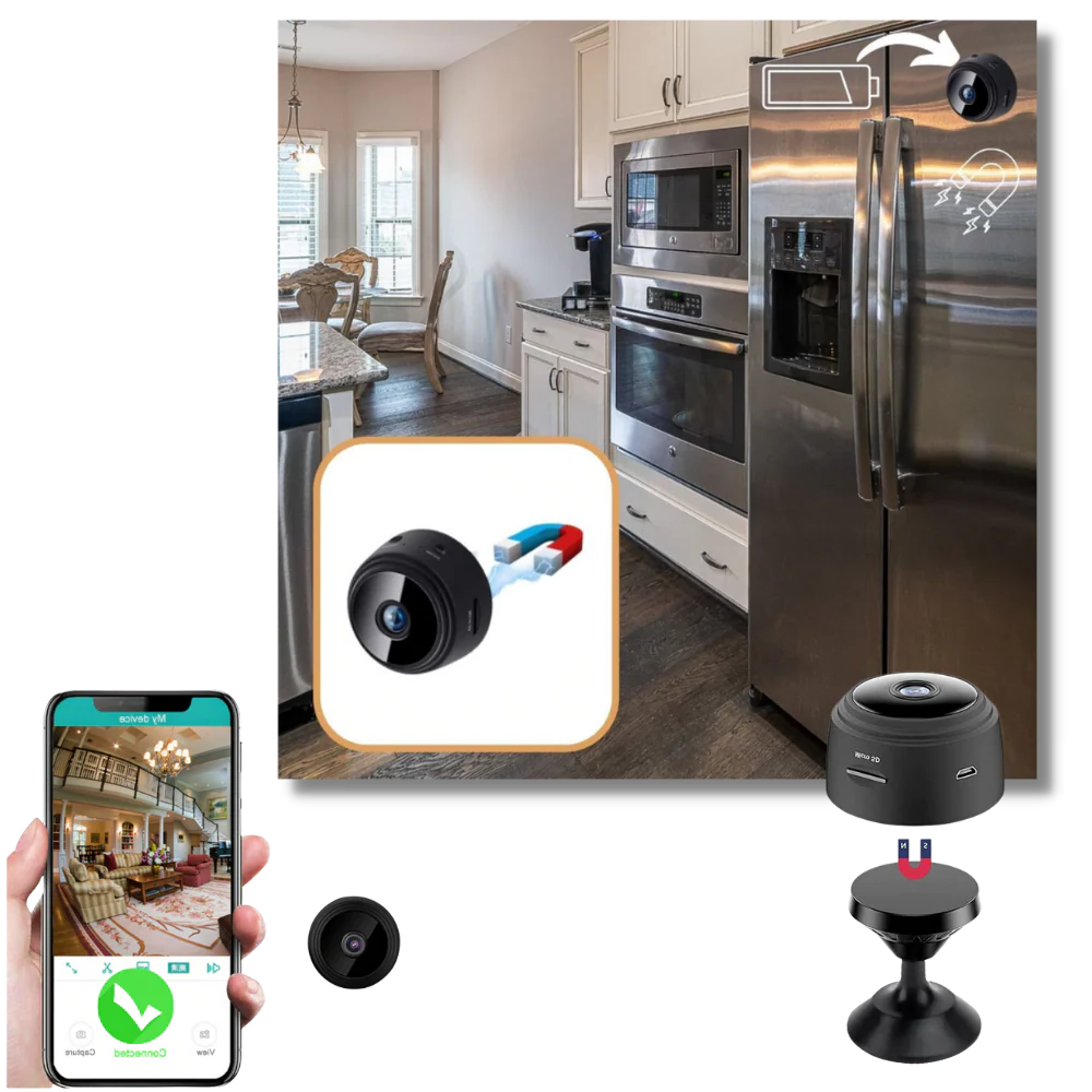 Belro mini wireless surveillance camera showing compact black design with lens and mounting bracket for home security.
