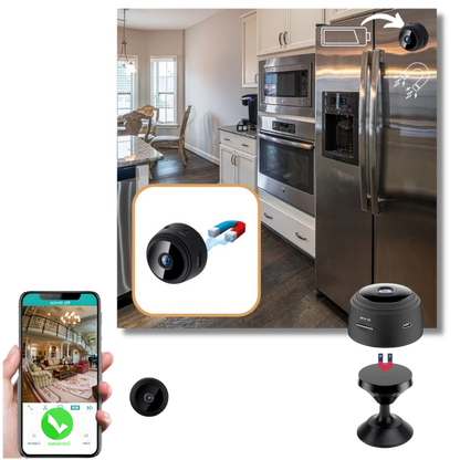 Belro mini wireless surveillance camera showing compact black design with lens and mounting bracket for home security.