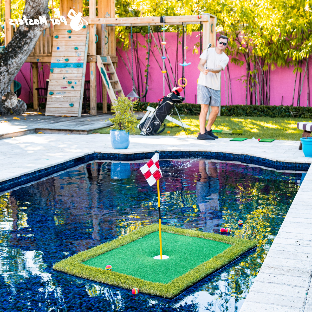 Floating golf putting green turf with Belro brand golf balls on outdoor lawn, designed for home golf practice and recreation.