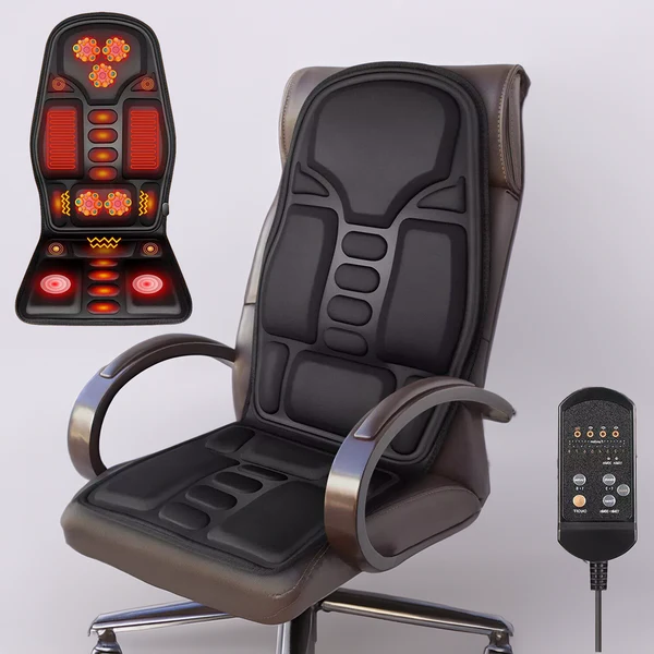 Belro heated massage cushion pad for chair and car, showing adjustable controls and plush fabric for relaxing personal care.