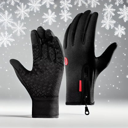 Black waterproof thermal gloves by Belro, designed for cold weather, with a snug fit and textured grip surface.