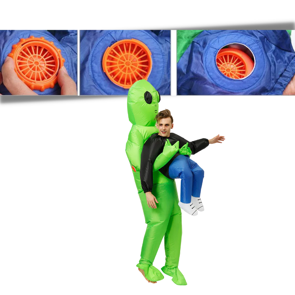 Belro inflatable alien costume featuring green alien design with large eyes and space-themed details, suitable for costumes and dress-up.