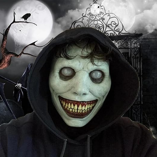 Belro creepy smiling face evil mask with white eyes, designed as a sinister demon costume accessory for Halloween or costume parties.