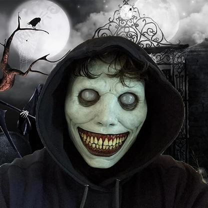 Belro creepy smiling face evil mask with white eyes, designed as a sinister demon costume accessory for Halloween or costume parties.
