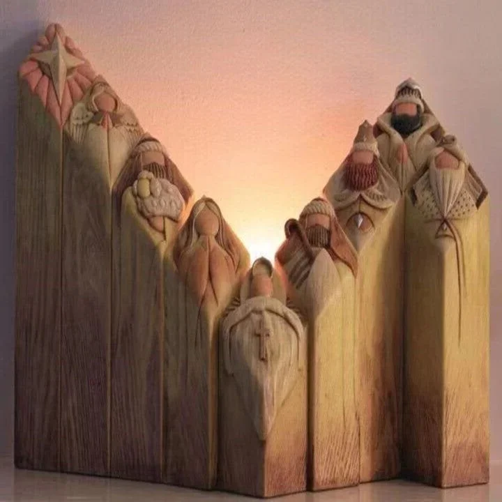 Nine-piece set of Belro Heaven Nativity Tree Pillar Statues for holiday home and garden décor, featuring angelic figures and festive design.