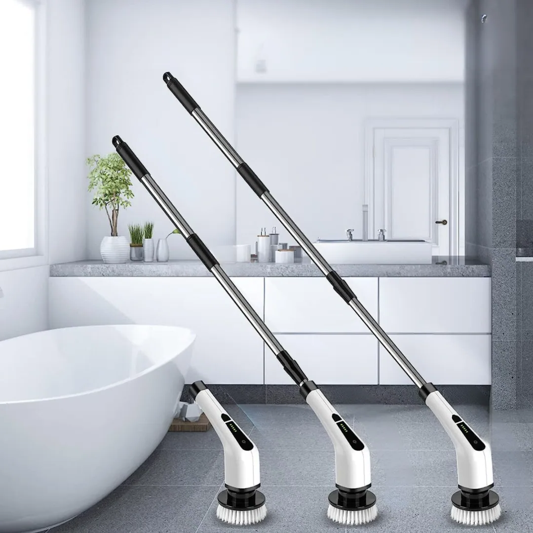 Belro electric spin power scrubber with long handle and seven cleaning heads, cordless handheld tool for outdoor home cleaning tasks.