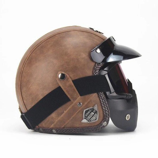 Belro retro vintage open face motorcycle helmet with integrated goggles and mask, featuring classic design and safety features.